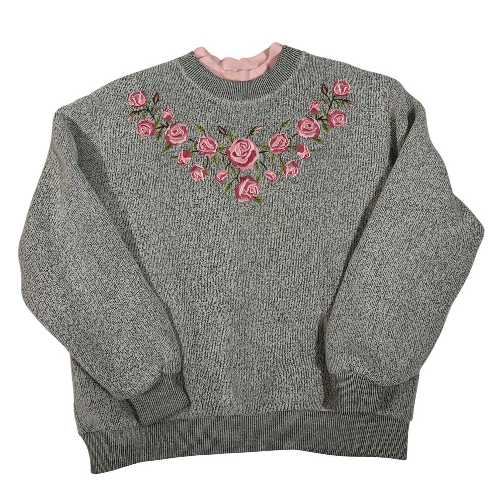 Retro Embroidered Sweater Heather Gray, Pink Roses Grandmacore Double Collar